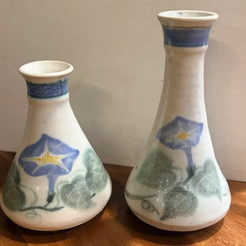 Beautiful Candleholders- Art Pottery Signed- Pair - 5” And 4” Tall