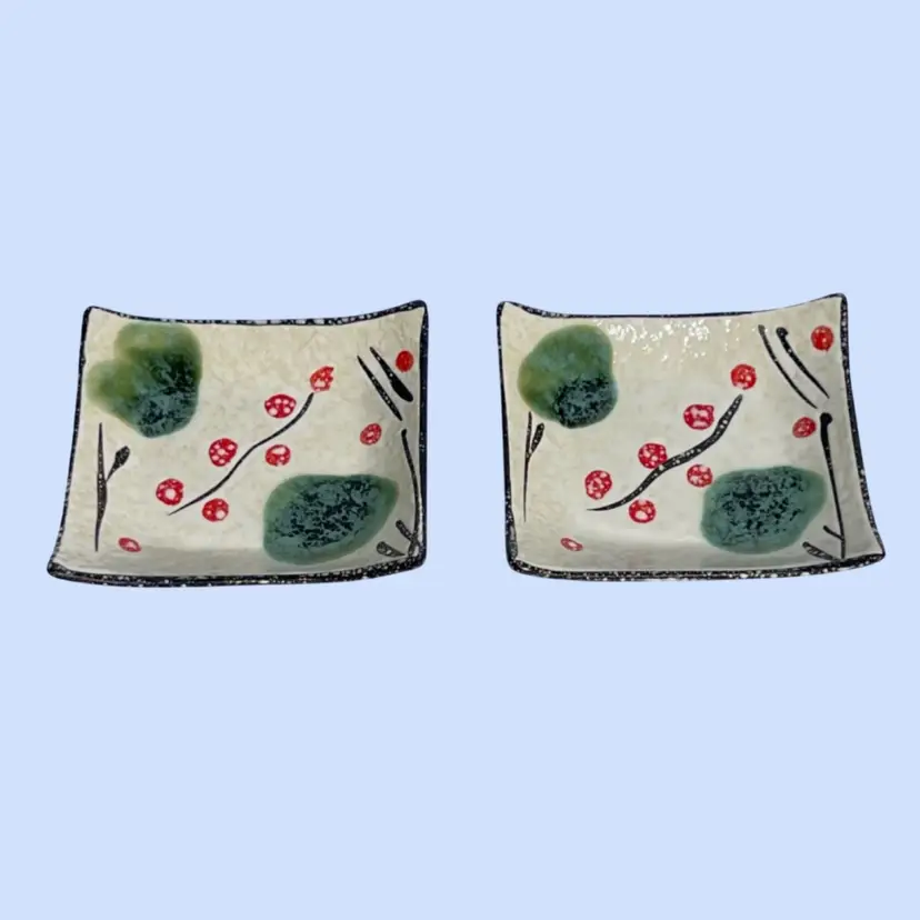 #319- Hand Painted Enamel on Clay Trinket Dish Pair Sauce Dip Condiment Bowl