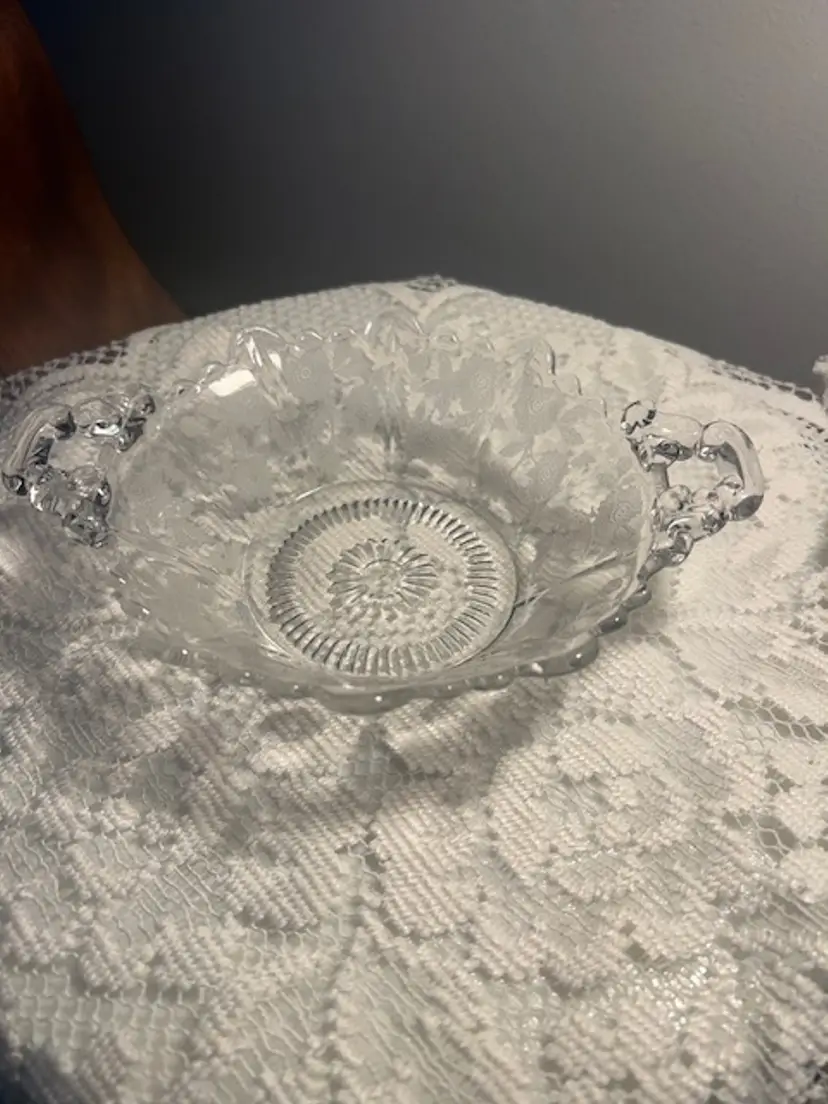 Cambridge Glass double -handled bowl etched with the Blossom Time pattern