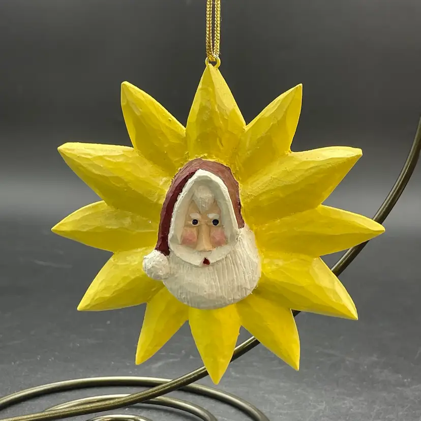 Wooden Santa Head on Sun Hand Carved Christmas Ornament VTG Primitive Signed