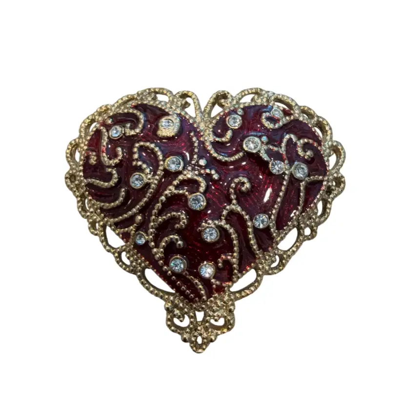 Vintage GoldTone Monet Red Filigree Enamel Rhinestone Heart Brooch
