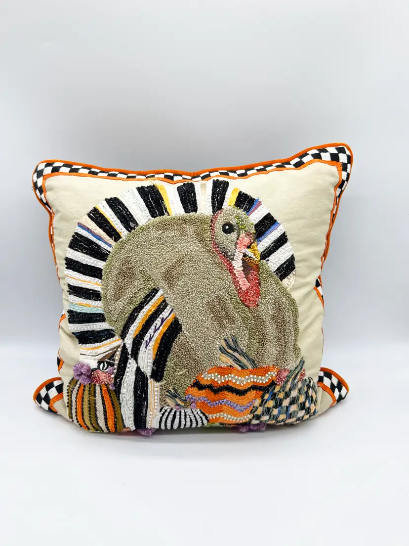 MacKenzie Childs Turkey Pillow Thanksgiving EUC Micro Beads Mixed Materials