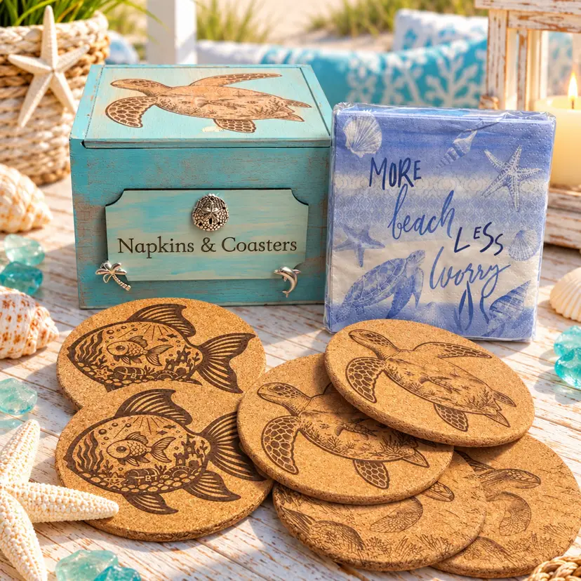 Coastal Sea Turtle Napkin & Coaster Holder Set with Engraved Cork Coasters and Beach-Themed Napkins (5 1/2”x5 1/2”x4)