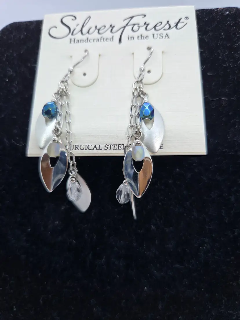 New SilverForest Handcrafted Silvertone and Blue Dangle Earrings