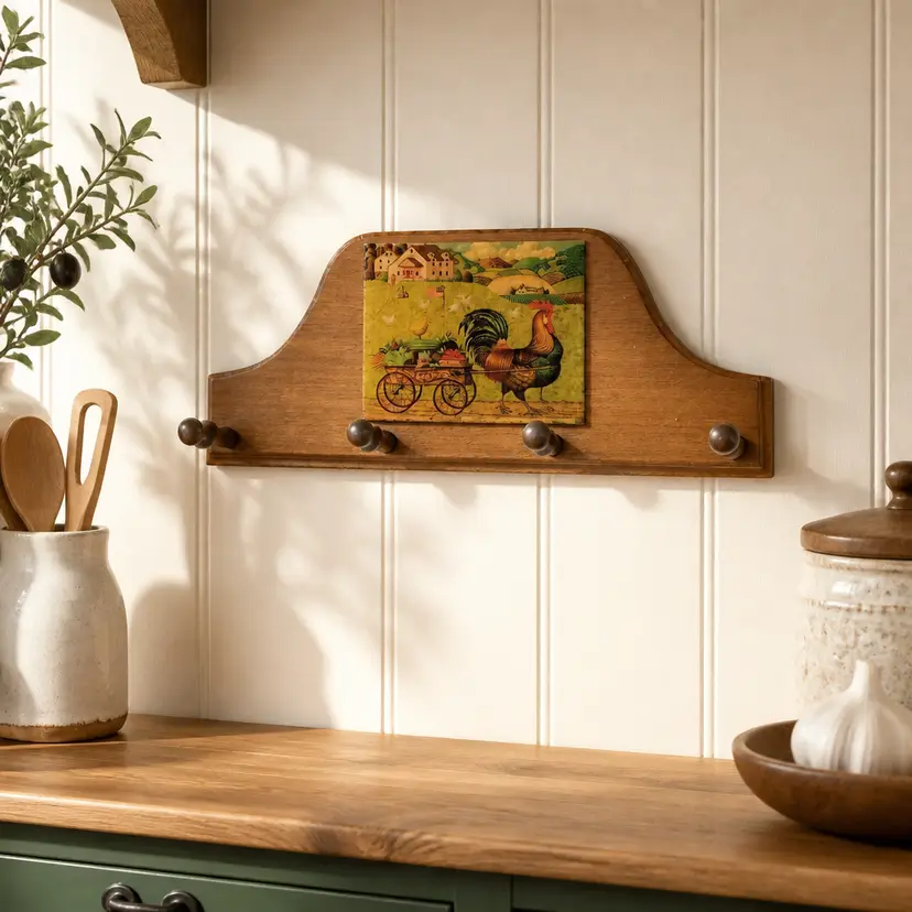 Wall Mount Wood Peg Rack w/ "Rooster Express" Tile Artwork by Charles Wysocki