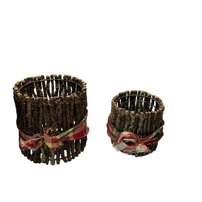 Rustic Twig 2 Piece Candle Holder Smaller One Comes With Glass Votive Holder Large Size 4 1/2x4 1/2 Smaller 3 1/2x3 1/2