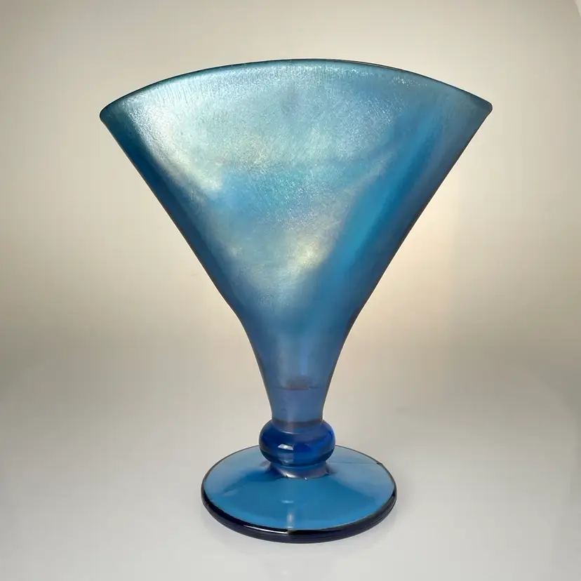 Fenton Glass Celeste Blue Iridescent Stretched Glass Fan Vase 1990s Vintage 8.5"
