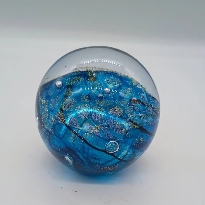 Tim Lazer Signed 2002 Hand Blown Dichroic Art Glass Paperweight 3.5"
