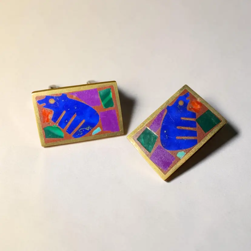 Vintage Native American Zuni Inlay Bear Clip-On Earrings, Multi-Stone Fetish Bears, Turquoise Lapis Malachite Coral, Southwestern Jewelry RARE
