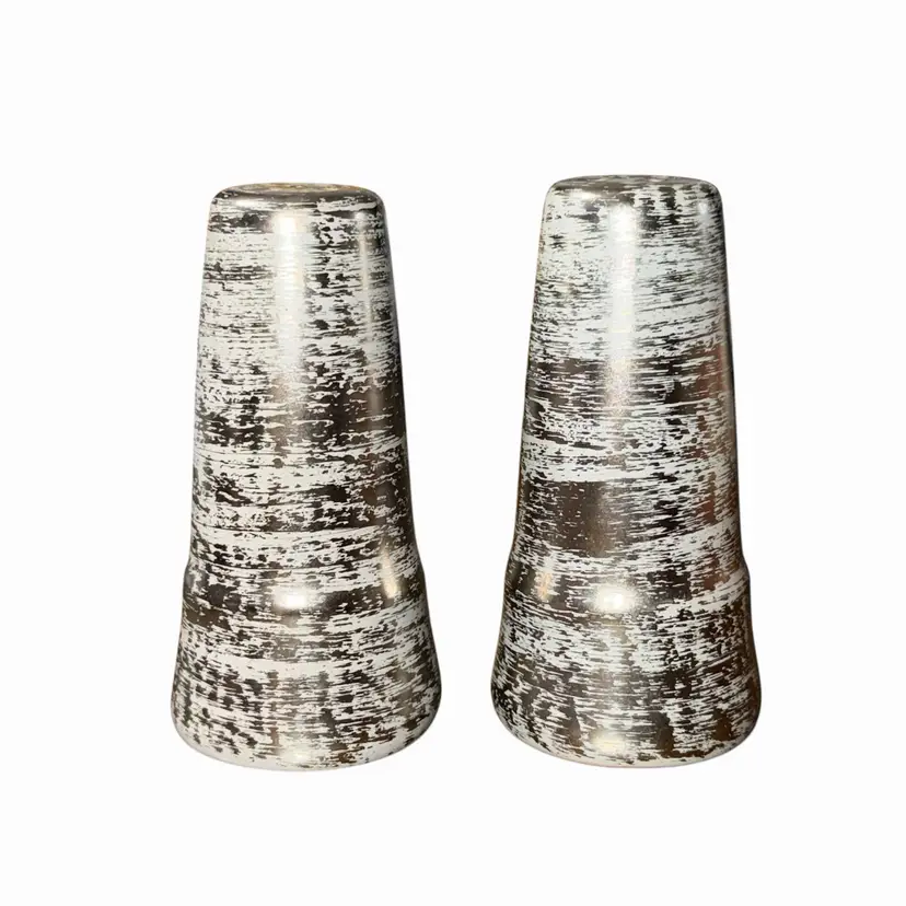 VERY RARE Stangl Brushed Silver Salt Pepper Shakers MCM Pottery Set 3.75”