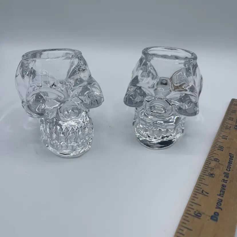 Skull Heavy Clear Glass Tea Light Candle Holder, 3.5" X 5", Lot of 2, Halloween