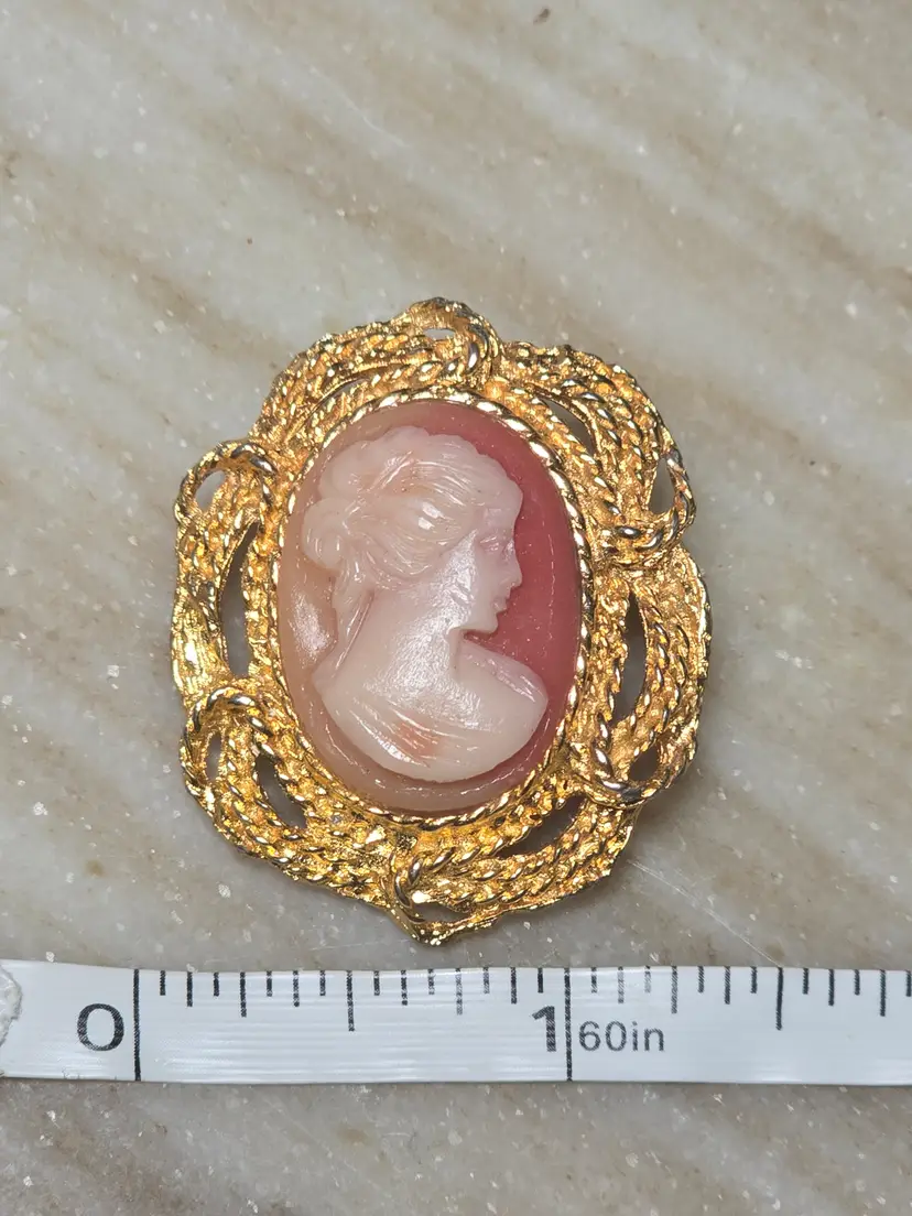 Vintage Pink Cameo Brooch Gold Tone Ornate Frame