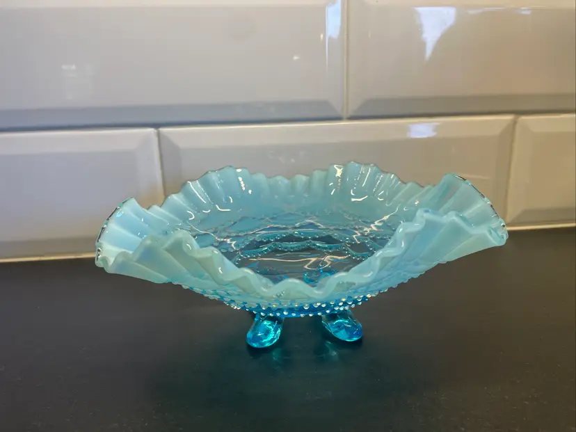 Antique Northwood Blue Opalescent Glass Ruffled Bowl with Claw Feet No Damage