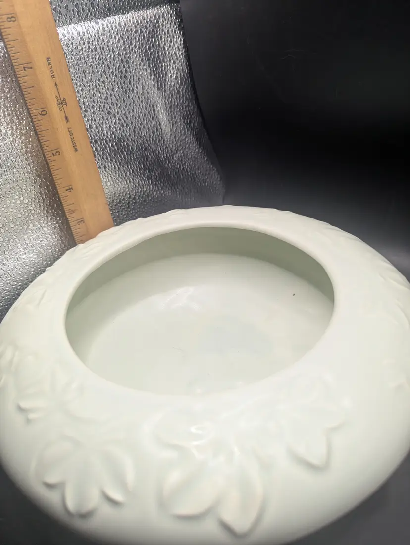 Vintage Haeger Pottery Center Bowl Planter Embossed Leaf Design in Celadon Glaze.