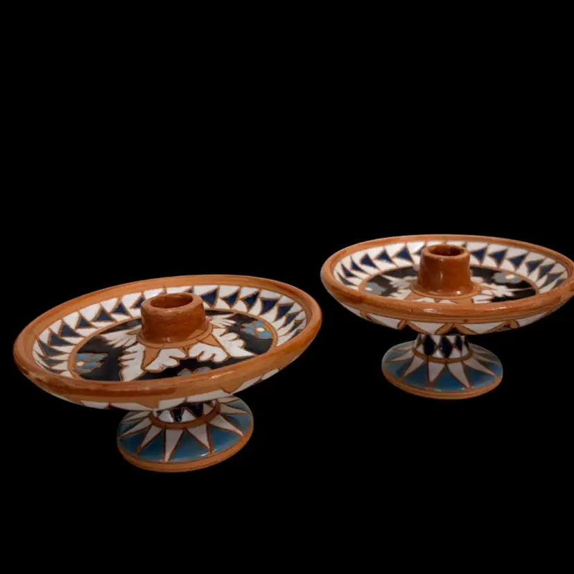Greece-  Folk Art Candle Holders, By Dakas Keramick- Rhodes Greece-Pottery Pair- Beautiful