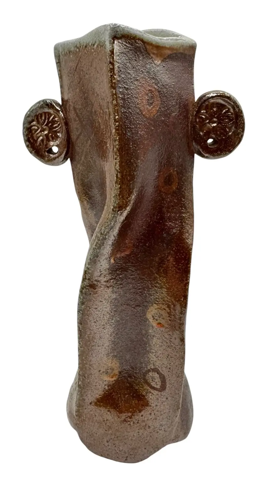 Signed Susan Studio Art Pottery Vase Asymmetrical Abstract Metallic Brown Ears