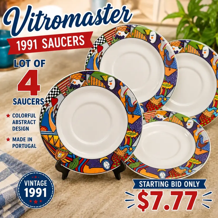 ONLY $7.77 Lot of 4 Vitromaster 1991 Colorful Abstract Art Saucers Dessert Plates Portugal