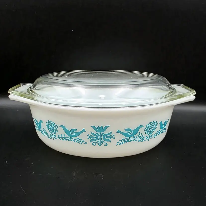 Vintage Pyrex Bluebird Promotional Turquoise Oval Casserole Dish with Lid
