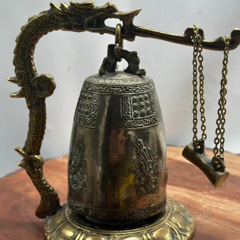 Asian Brass Temple Gong Bell Dragon Stand Hammer & Chain