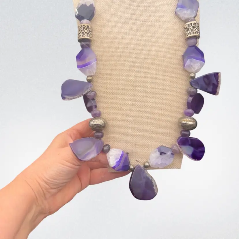 Artisan Purple Dyed Agate & Amethyst Statement Necklace 26” Chunky Gemstone Necklace