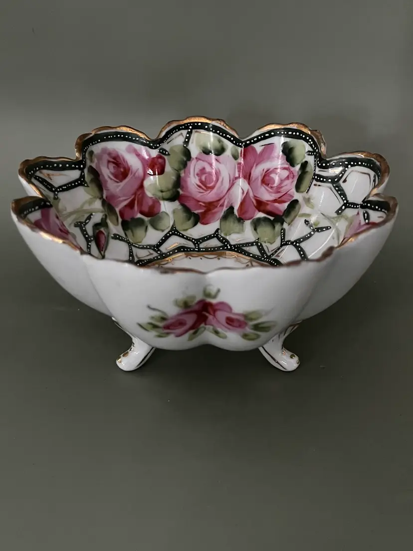Vintage Pink Rose Porcelain Footed Bowl With Raised Moriage Dots And Gold Trim