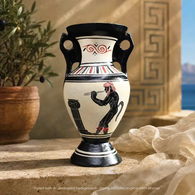 Vintage Greek Pottery Vase Amphora Two Handles Small 7" Myth Inspired Decor