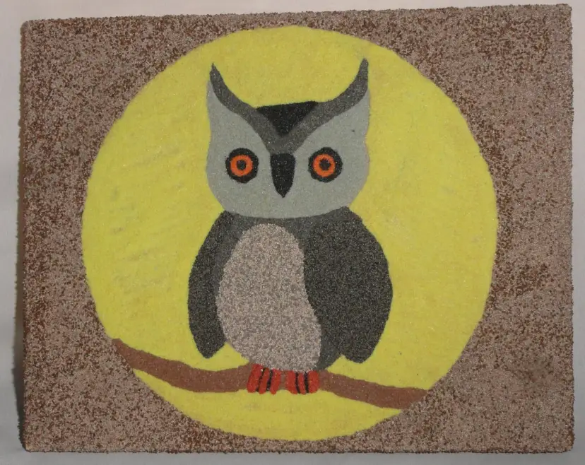 Original Painting Signed & Dated ~ Sand Texture on Wood ~ Moon & Owl
