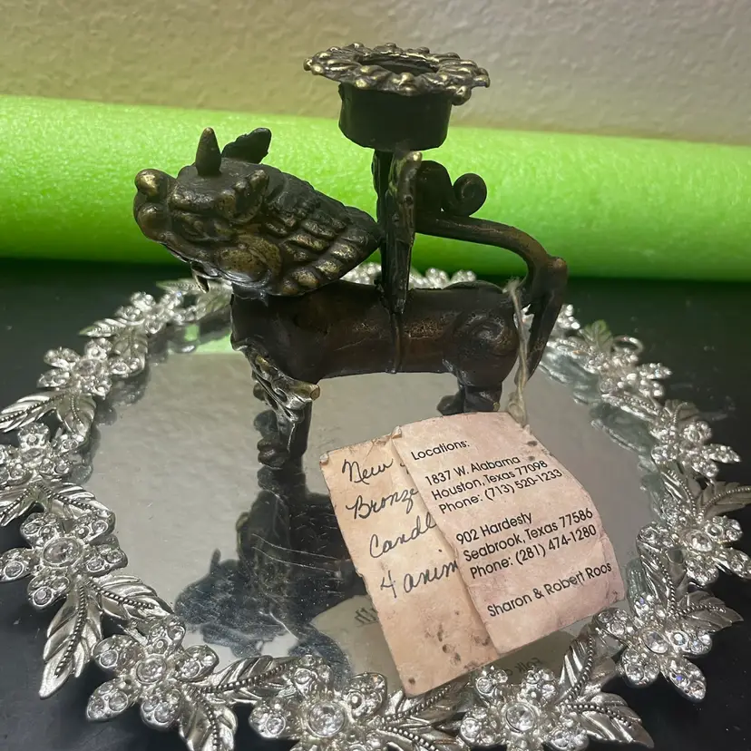 Antique Vintage DOG OF FOO Temple Guardian Bronze Candle Holder From Tibet