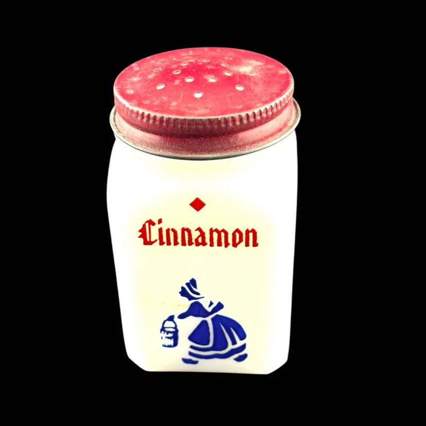 Vintage Milkglass Cinnamon Shaker Dutch Woman Design 3” Tall x 1.75” Wide