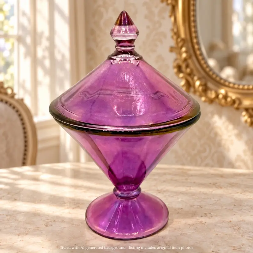 Purple Glass Lidded Candy Dish Iridescent Footed Compote Pointed Finial