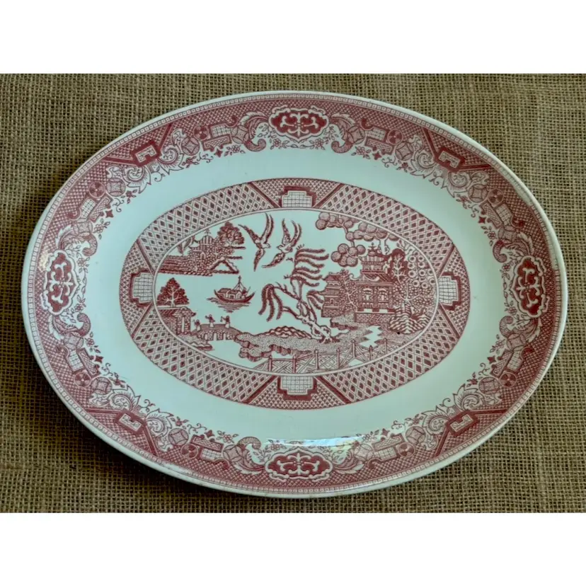 Red Or Pink Willow Transferware Oval Serving Platter Chinoiserie Landscape FLAWS
