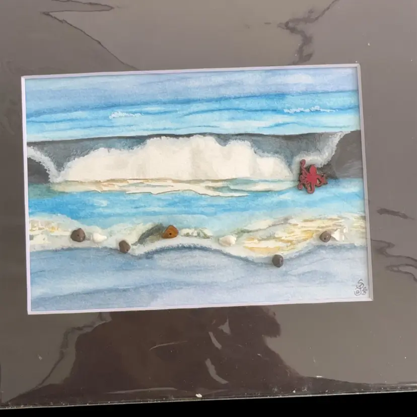 Original Watercolor 5 X 7” Ocean With Octopus, Shells And Stones