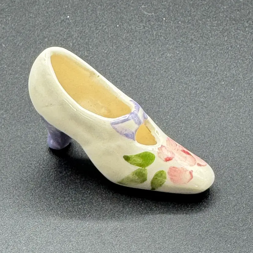 Vintage Miniature Porcelain Slipper Shoe Figurine Hand Painted Floral 2.75” Long