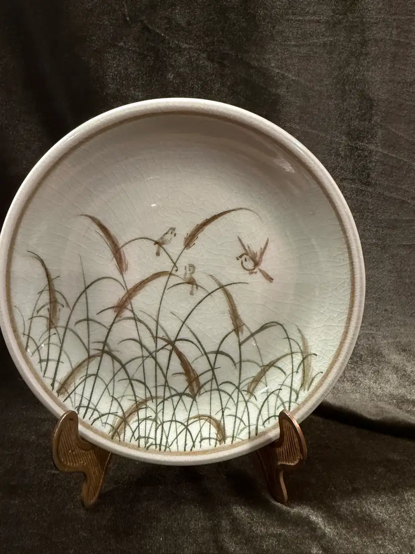 6.75” Floral Bird Siam Celadon Wood Ash Glaze Hand made Plate from Thailand