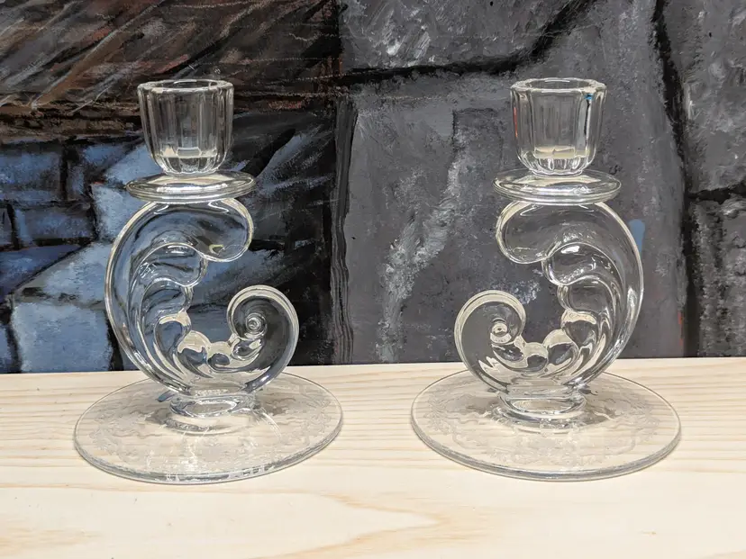 VTG Fostoria Elegant Glass Plume Romance Crystal Candlestick Pair White Etching Candle Holders set 6in Table setting