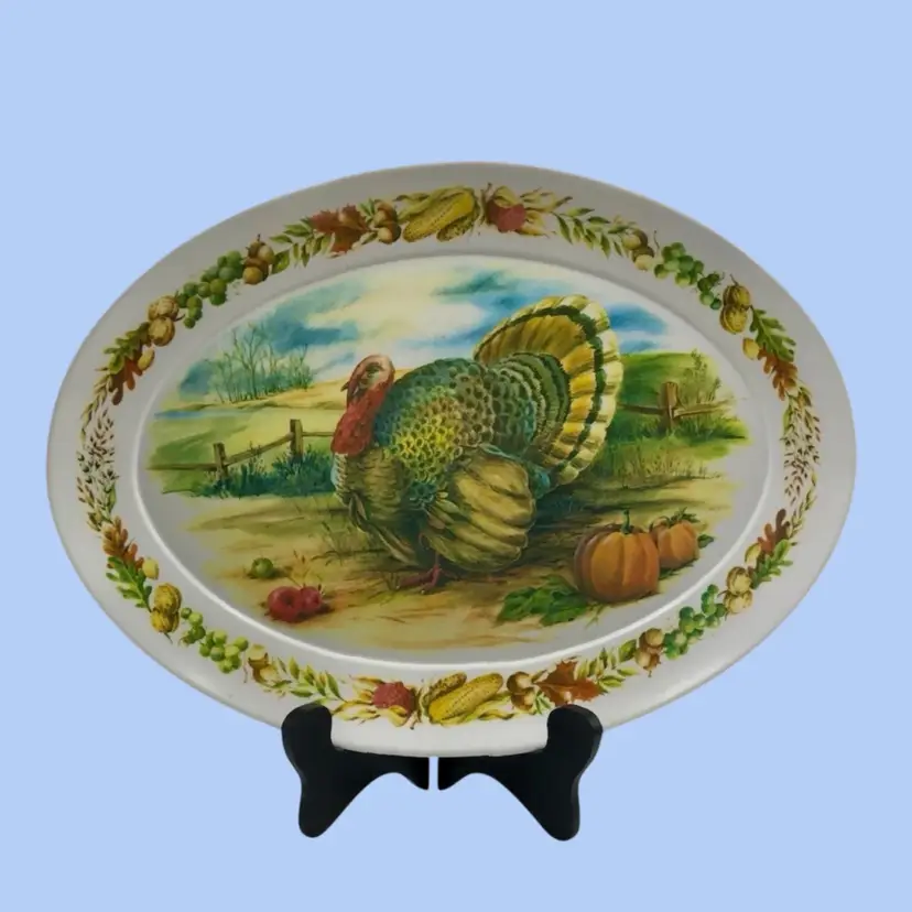 #413- Vintage Holiday Platter 
XL Hosting Serving Tray 
Oval Melamine Fall Harvest Turkey Thanksgiving   By Brookpark