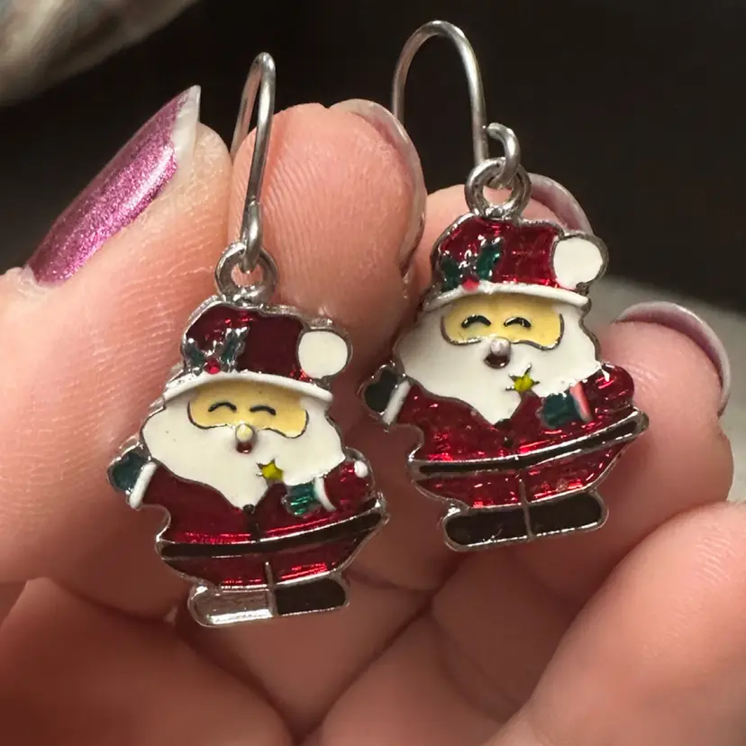 Silvertone Enamel Santa Dangle Earrings