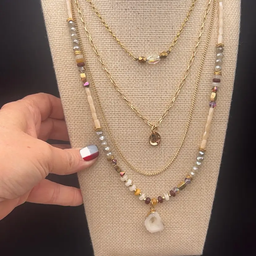 #01 Set of 2 Gold Tone Layered Necklaces Crystal Beaded Druzy Geode Pendant Boho 14–20” & 16”