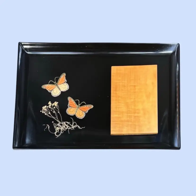 #357- Vintage Cheese Board Charcuterie Serving Tray Applied Wood Lacquered Butterflies Bug & Flowers 
By Curroc Monterey California USA
