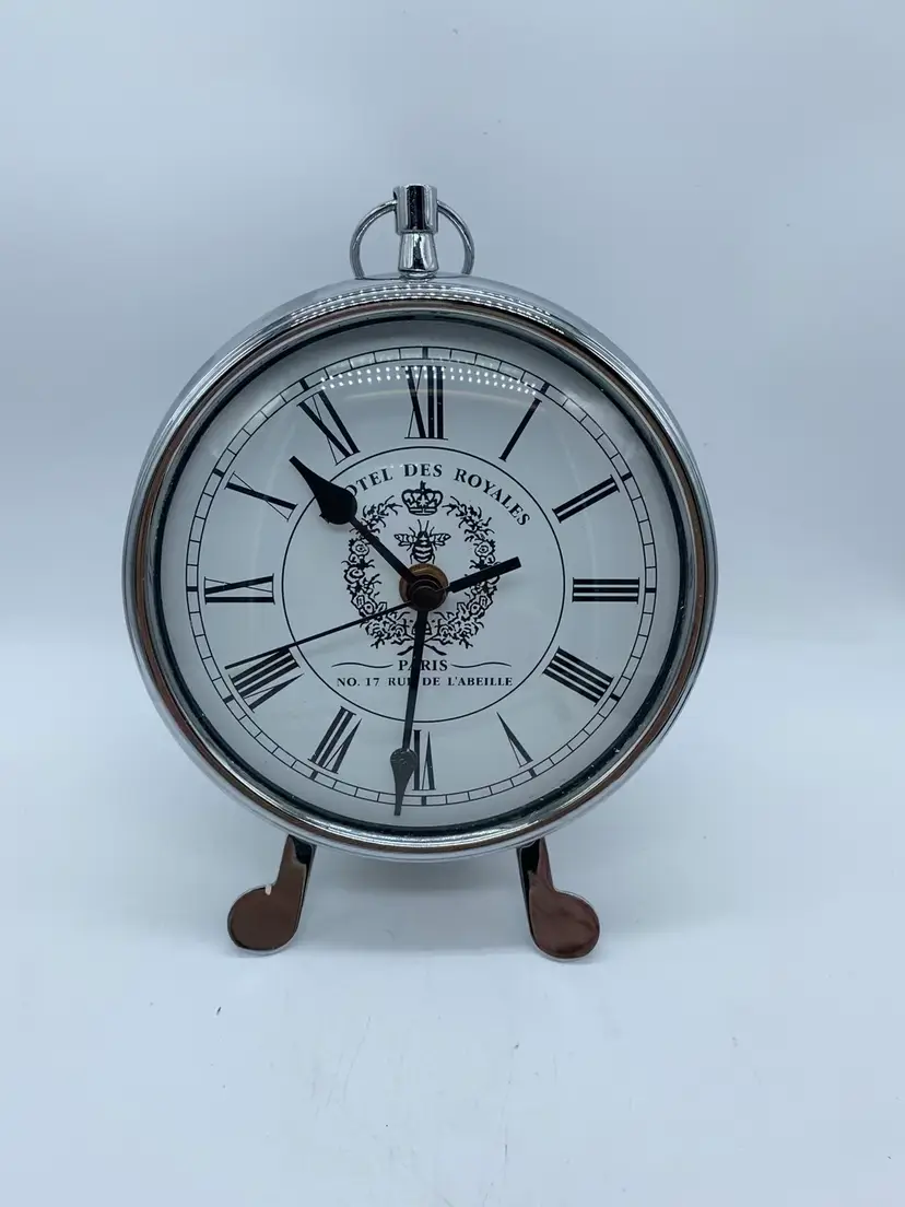 #3301 Contemporary Stopwatch Style Silver Metal Hotel Des Royales Nantel Clock 9”