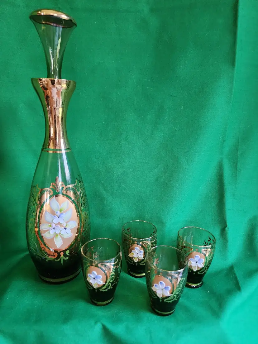 Vintage Venetian Murano Elegant Floral Decanter Set