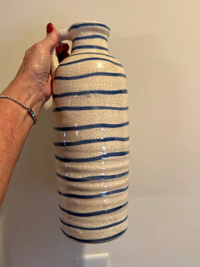 Pier 1 Tall Jug Vase, Horizontal Blue Stripes; Crackle Glaze 13”