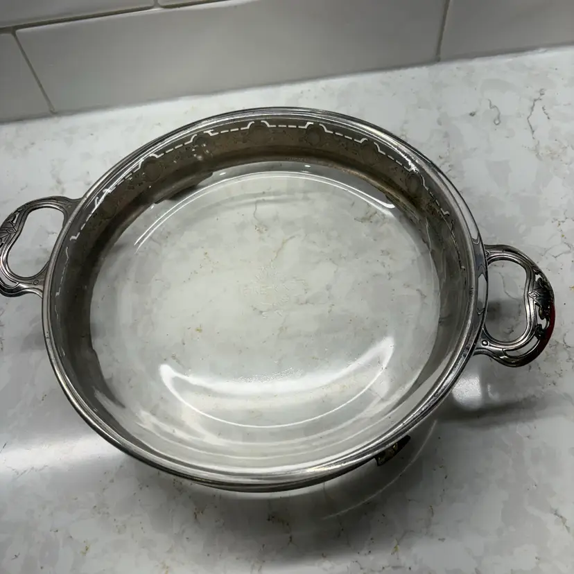 Vtg Fire-King 460 9" Clear Pie Plate + Ornate Silverplate Holder Caddy Footed