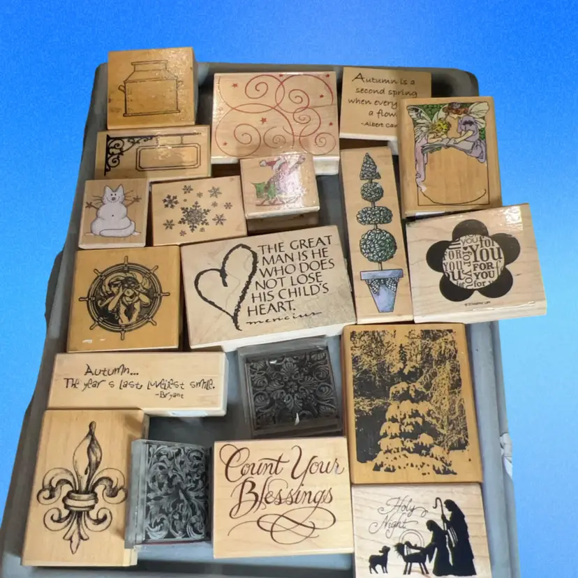Lot Of 19 Crafting Stamps In A Vintage Country Style Tin Fall And Christmas And Others See Pictures