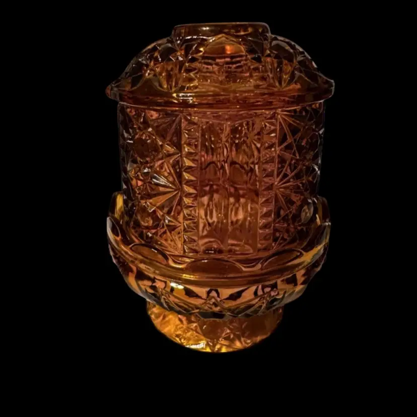 037 Vintage amber glass fairy lamp in the "Stars and Bars" pattern, produced by the Indiana Glass Company