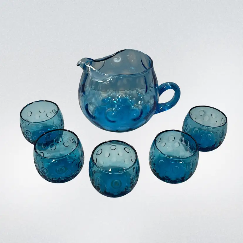 🫐 Empoli Blue Thumbprint/Coin Dot Optic Design Pitcher w/ 5 Matching Glasses Italy | 5”