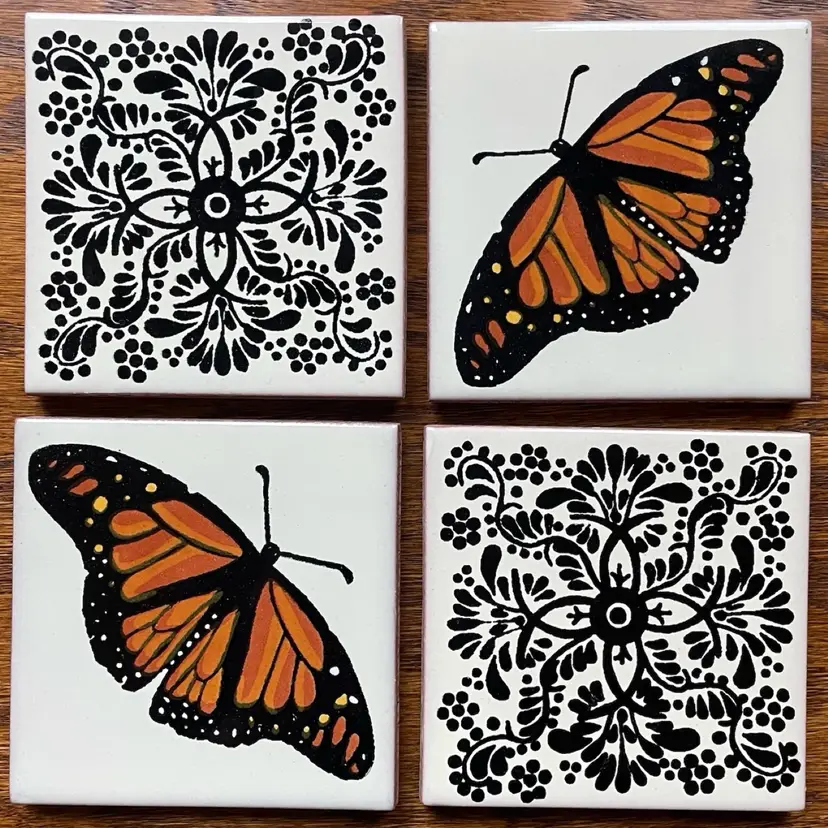 Monarch Butterfly Black & Cream Decorative Talavera Tile Coaster Set of 4 Folk Art Clay Pottery Mexico