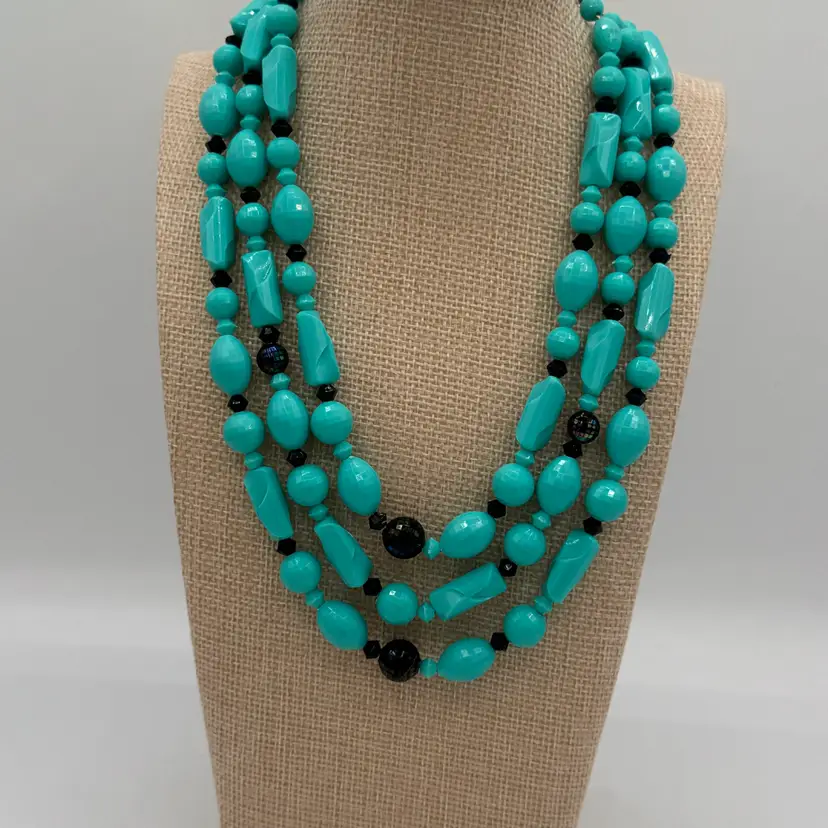 Vintage Aqua/Tiffany Blue Lucite 3-String Carved Bead Necklace W/ Black Accents ~ Signed W Germany