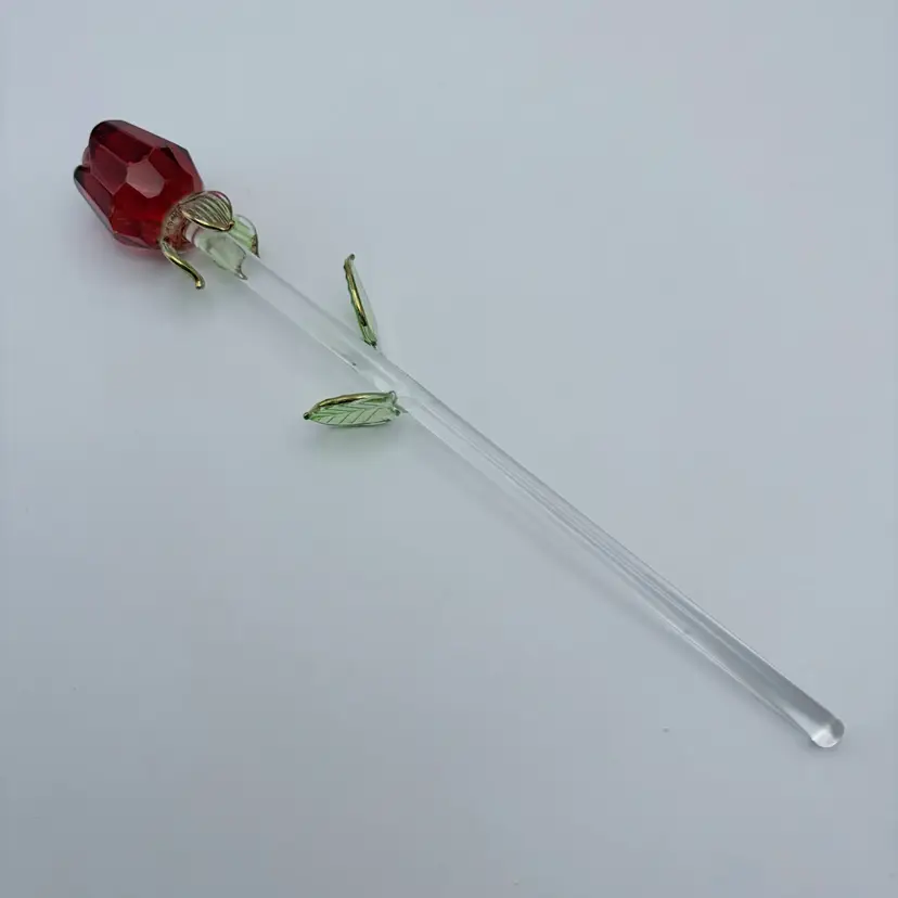 Red Rose Glass Eternity Flower w/ Green Leaves Edged In Gold Accent 7.5” Stem