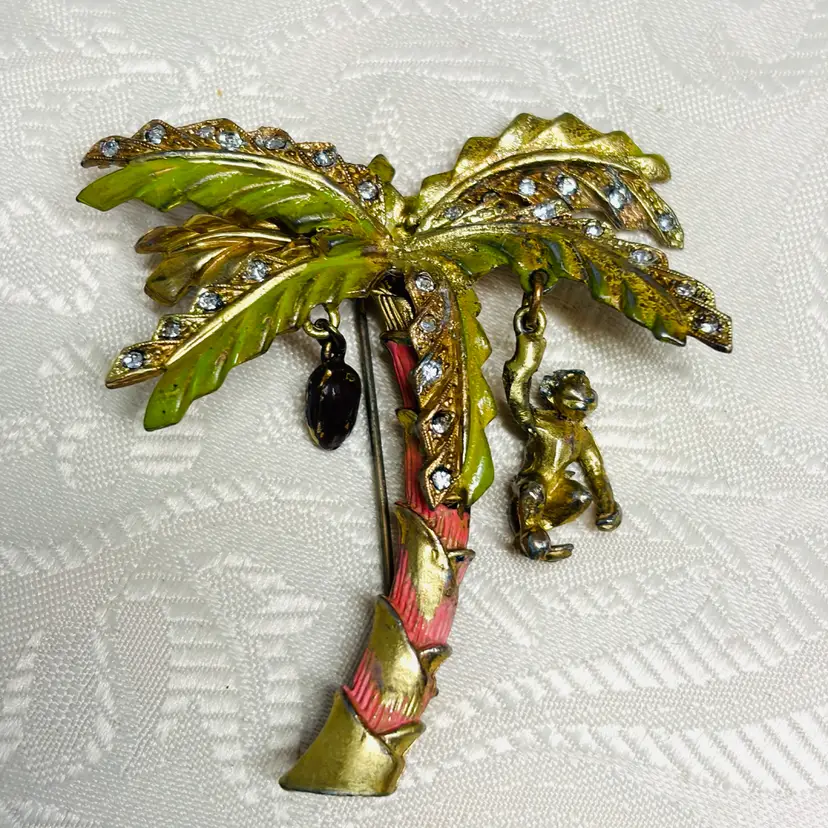 Adorable Articulated Gold Plated Pot Metal Enamel & Rhinestone Palm Tree With Swinging Monkey & Coconut - 2.5” L & W